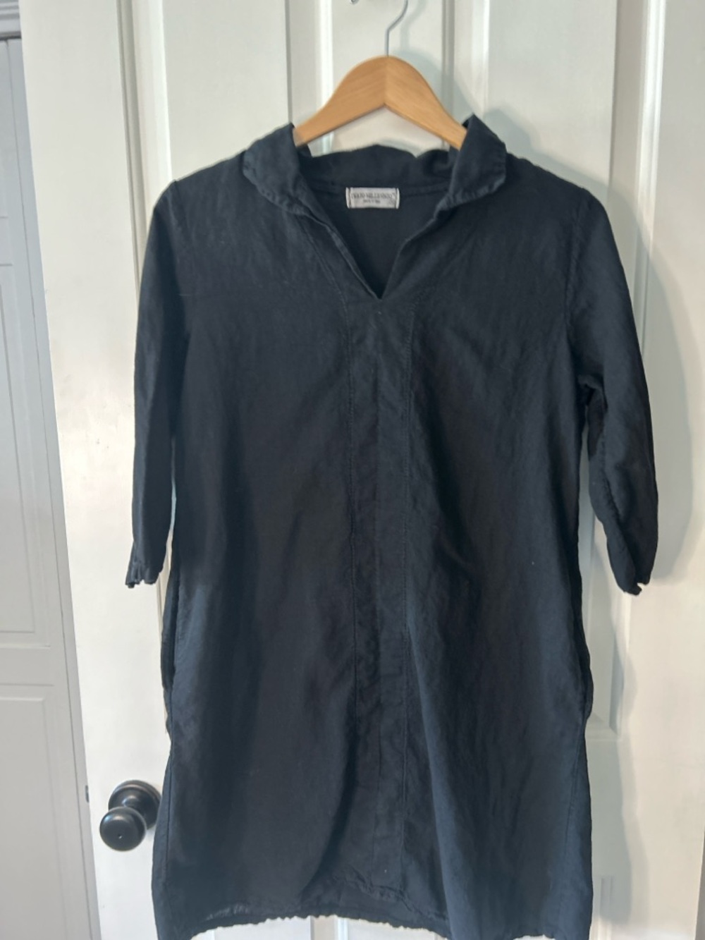 Terzo Millennio Black Linen 3/4 Sleeve Tunic Dress Womens Size M w Pockets